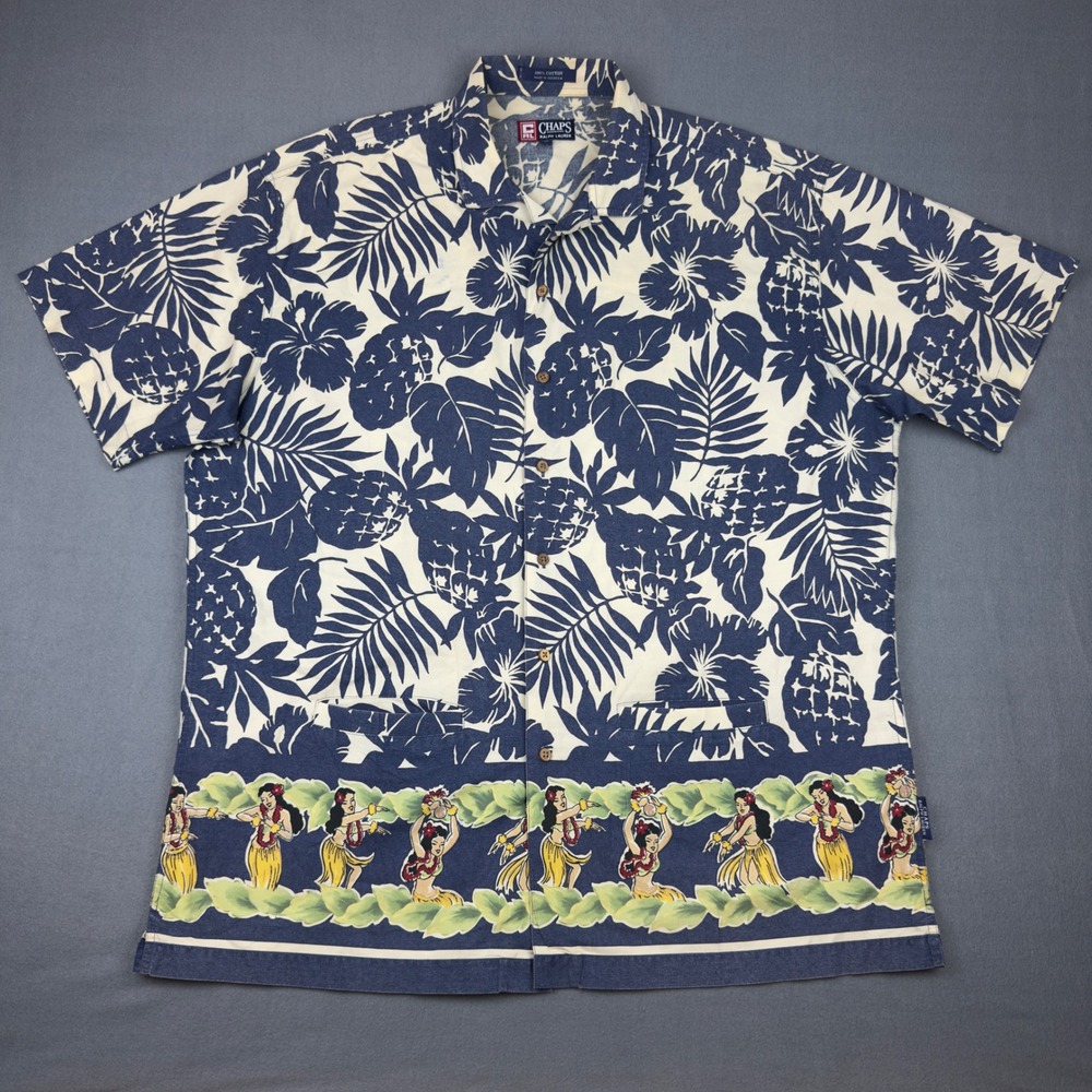Vintage Chaps Ralph Lauren Hawaiian Shirt XL Blue Pineapple Hula Single Stitch